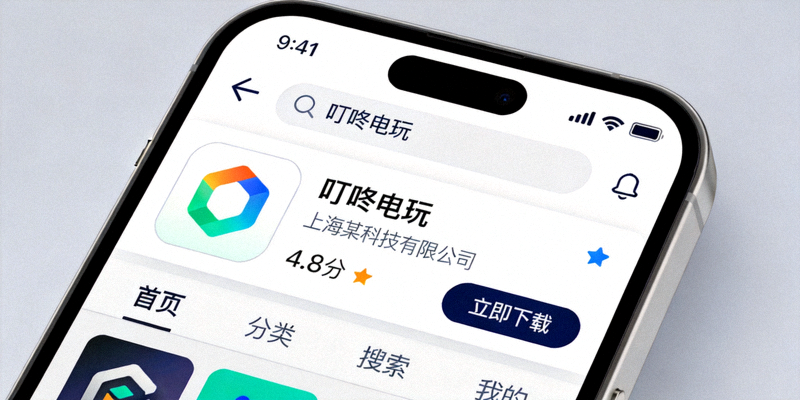 在手机官方应用商店中搜索叮咚电玩应用的界面示意图