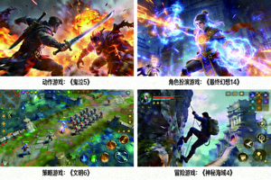 不同游戏类型的代表游戏截图，展示动作、角色扮演、策略和冒险游戏的特点